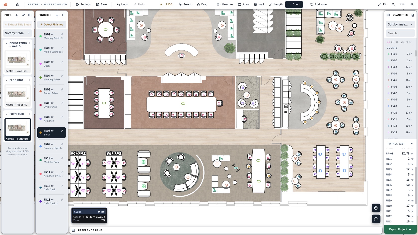 Taking off lengths, areas and counts on an office floor plan in Kestrel, with finishes listed on the left and the live Quantities panel on the right